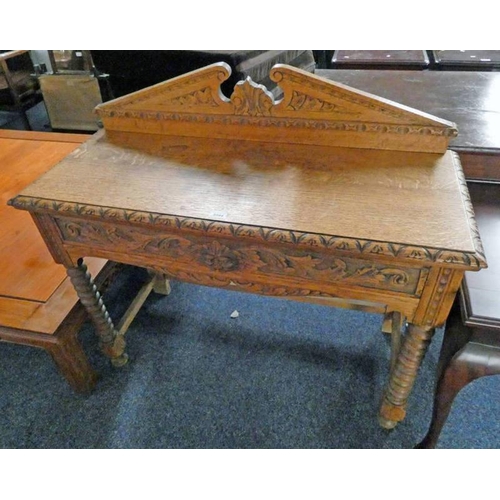 152 - 19TH CENTURY CARVED OAK SIDE TABLE WITH DRAWER & TURNED SUPPORTS - LENGTH 106 CM