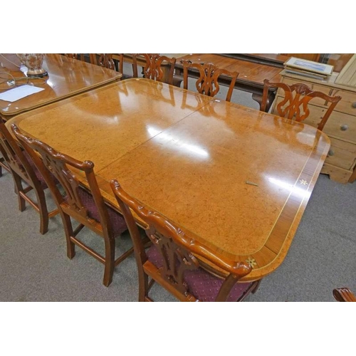 159 - BRASS INLAID BURR WALNUT TWIN PEDESTAL DINING TABLE WITH 2 EXTRA LEAVES 305CM EXTENDED LENGTH