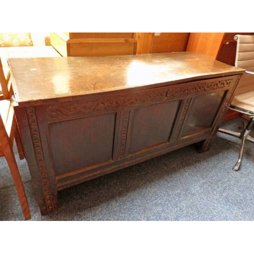 160 - 19TH CENTURY CARVED OAK COFFER 65CM TALL X 126CM WIDE