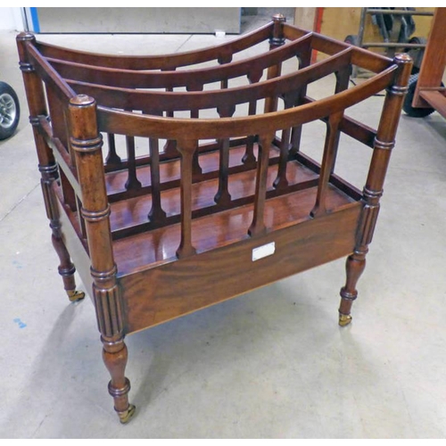 161 - EARLY 20TH CENTURY MAHOGANY CANTERBURY ON TURNED SUPPORTS, 33 X 47 X 50 CM