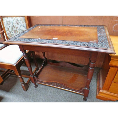 165 - LATE 19TH CENTURY CARVED MAHOGANY OCCASIONAL TABLE WITH UNDERSHELF & TURNED SUPPORTS 74CM TALL X 89C... 