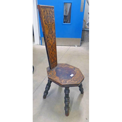 169 - LATE 19TH CENTURY SPINNING CHAIR WITH DECORATIVE POKER WORK ON TURNED SUPPORTS, HEIGHT 97CM