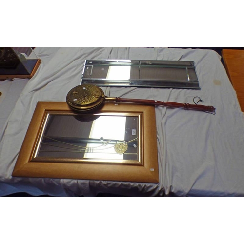171 - ARTS & CRAFTS GILT FRAMED MIRROR AND ONE OTHER & BRASS WARMING PAN