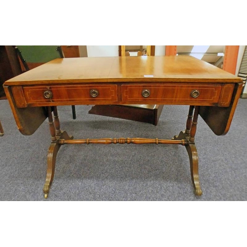 187 - 19TH CENTURY MAHOGANY SOFA TABLE WITH CROSSBANDING & BOXWOOD INLAY WITH 2 DRAWERS