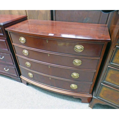 188 - MAHOGANY BOW FRONT CHEST OF 4 DRAWERS ON BRACKET SUPPORTS, WIDTH 97CM