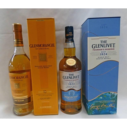4024 - 2 BOTTLES SINGLE MALT WHISKY : GLENLIVET FOUNDERS RESERVE - 700ML, 40% VOL BOXED & GLENMORANGIE 10 Y... 