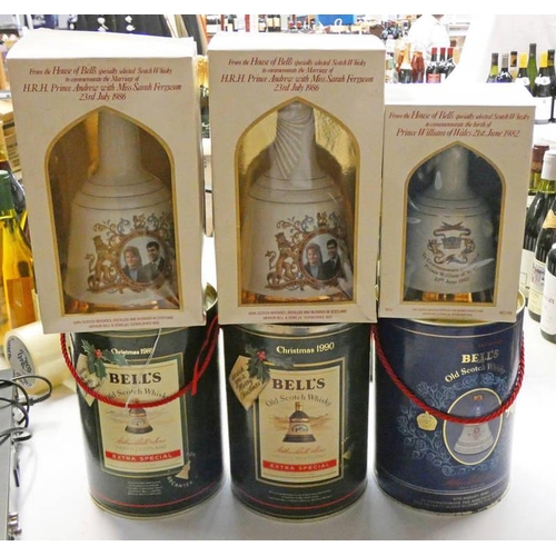 4040 - 6 BELLS DECANTERS : CHRISTMAS 1989, PRINCE ANDREWS WEDDING X 2, BIRTH OF PRINCE WILLIAM - ALL BOXED ... 