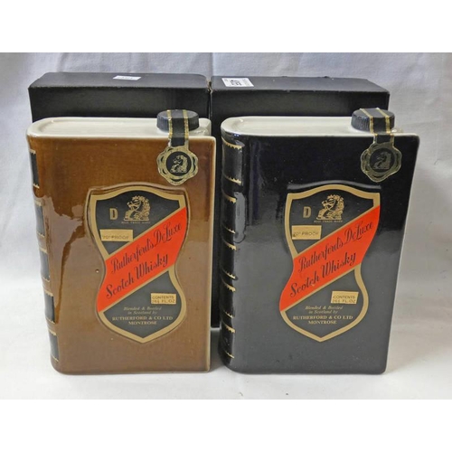 4055 - 2 CERAMIC BOOK SHAPED DECANTERS OF RUTHERFORDS DELUXE SPIRIT OF SCOTLAND WHISKY . VOLUMES 1 & 3 -  2... 