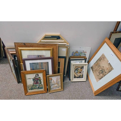51J - TRIPLE MIRROR AND A SELECTION OF PRINTS ETC
