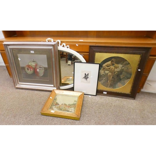 51N - FRAMED PASTEL OF 3 APPLES AND OVAL FRAMED MIRROR, WALNUT FRAMED TAPESTRY, FRAMED PICTURE OF YOUNG GI... 