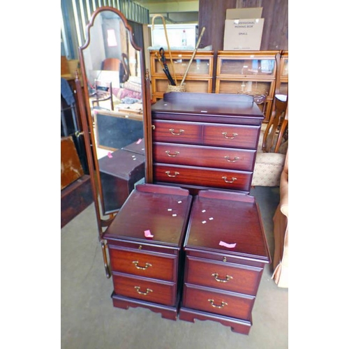 56 - PAIR OF MAHOGANY BEDSIDE CABINET TOGETHER WITH CHEST OF DRAWERS & CHEVAL MIRROR