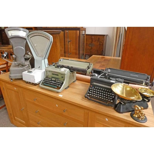 65 - OLIVETTI TYPEWRITER & BRASS & METAL SCALES & WEIGHTS, THE VIKING PLUS 2 SETS SCALES AND IMPERIAL TYP... 