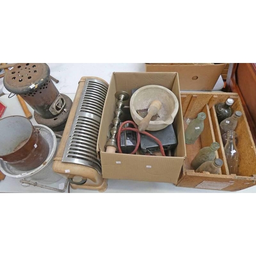65D - ENAMEL BUCKET AND ONE OTHER VALOUR JUNIOR OUT-DOOR HEATER BOX CONTAINING SHOP SCALES, SEWING MACHINE... 