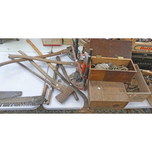 65E - TIN BOX WITH GOLD WRITING, 2 BOXES OF PULLIES, DOOR KNOBS, OLD ELECTRONICS ETC, VARIETY OF TOOLS INC... 