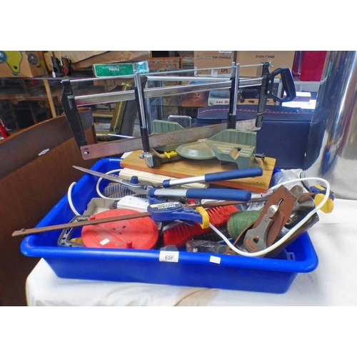 65F - ADJUSTABLE MITRE SAW, STANELY WOOD PLANE, G-CHAMPS, WORK GLOVES ETC IN ONE BOX