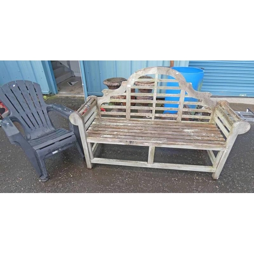 65H - HARDWOOD GARDEN BENCH LENGTH AND 2 PLASTIC GARDEN OPEN ARMCHAIRS