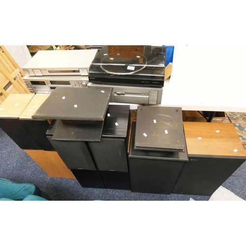 65Q - AKAI STEREO CASSETTE DECK, SONY SERVO CONTROLLED TURNTABLE, PAIR OF SONY SPEAKERS AND 2 OTHERS AND P... 