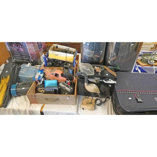 65V - 2 METAL BINS, SUIT CASE, LARGE SELECTION OF PHONE CHARGES, REMOTE CONTROL CAR, PAIR OF RUBBER SWIM-F... 