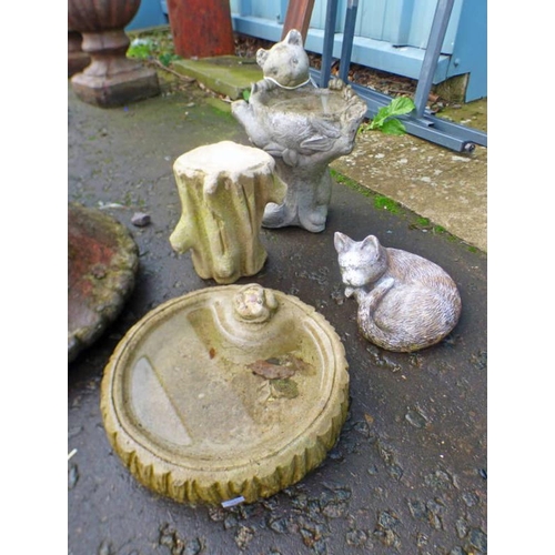 65X - RECONSTITUTED STONE BIRDBATH AND ONE OTHER AND RECONSTITUTED STONE GARDEN CAT ORNAMENT
