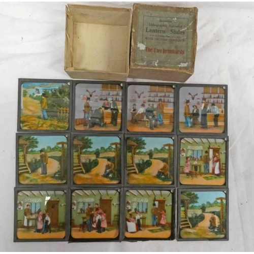 1639 - THE TWO DRUNKARDS COLOURED GLASS LANTERN SLIDES IN BOX