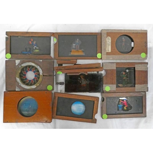 1646 - COLOURED GLASS MAGIC LANTERN SLIDES WITH WOODEN MOUNTS TO INCLUDE PHOTOGRAPHS SKIPPING SLIDE NO.224,... 