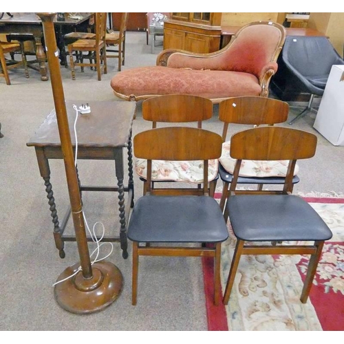 5499 - OAK LAMP TABLE ON BARLEY TWIST SUPPORTS, MAHOGANY STANDARD LAMP AND SET OF FOUR TEAK CHAIRS