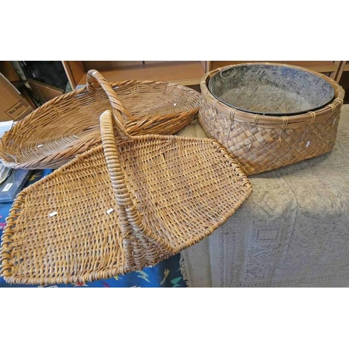 1007 - 2 LARGE WICKER BASKETS AND A LARGE WICKER BOUND METAL BUCKET -3-