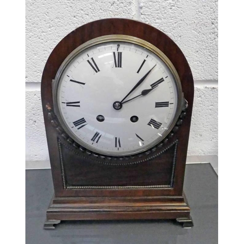 1021 - LATE 19TH CENTURY MAHOGANY MANTLE CLOCK WITH WHITE ENAMEL DIAL ON BRACKET SUPPORTS 30 CM TALL