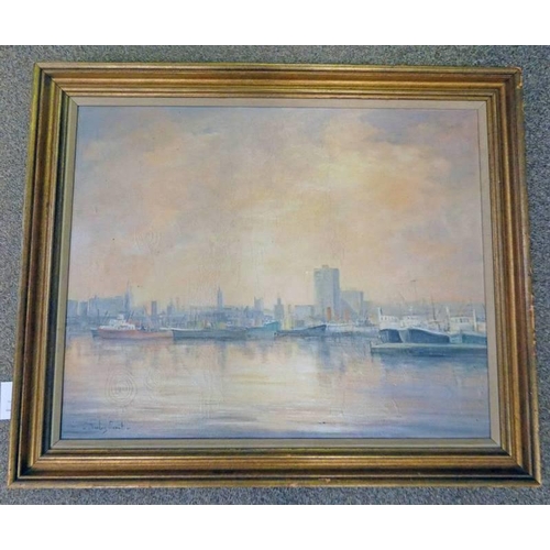 1022 - SHIRLEY CARNT,  ABERDEEN HARBOUR INDISTINCTLY SIGNED GILT FRAMED OIL PAINTING 60 X 75 CM