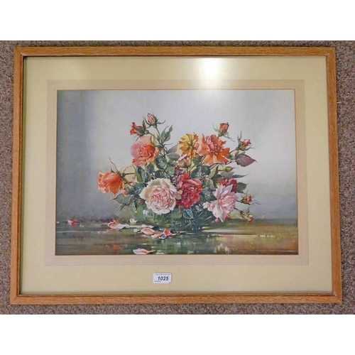 1025 - NOEL H LEAVER,  BOWL OF ROSES,  SIGNED FRAMED WATERCOLOUR 36 X 51 CM