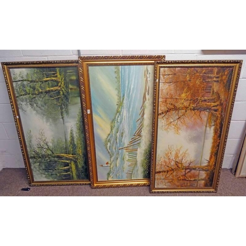 1047 - 3 LARGE GILT FRAMED PICTURES OF SEASCAPE & FOREST SCENES, 62 X 122 CM