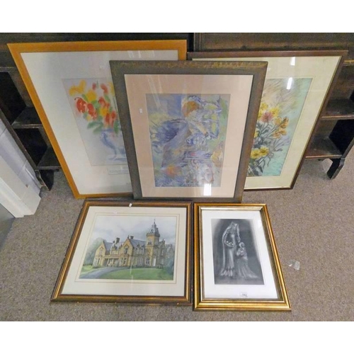 1062 - VARIOUS FRAMED PICTURES INCLUDING MIXED MEDIA SIGNED ANNE DAVIDSON, PASTEL SIGNED M TURPIE, FLOWERS ... 