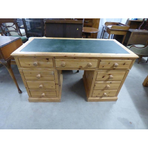 12 - PINE KNEEHOLE DESK WITH LEATHER INSET TOP AND 3 DRAWERS OVER 2 COLUMNS OF 3 DRAWERS - 134CM WIDE