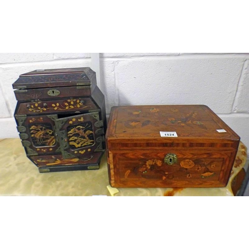 1524 - 19TH CENTURY CROSS INLAID MAHOGANY BOX WITH FLORAL DECORATIVE INLAY & ORIENTAL JEWELLERY CABINET