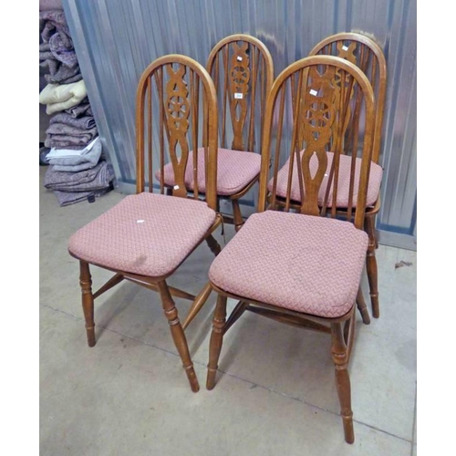 214 - SET OF 4 OAK WHEEL BACK CHAIRS ON TURNED SUPPORTS LABELLED OLD CHARM FURNITURE TO BASE