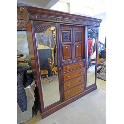 217 - 19TH CENTURY MAHOGANY & WALNUT WARDROBE WITH 2 CENTRAL PANEL DOORS OVER 4 DRAWERS FLANKED TO EACH SI... 