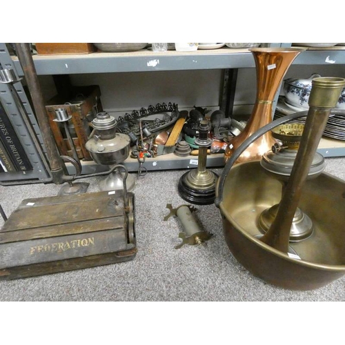 3014 - THE RHYTHM CAST IRON, VARIOUS BRASS PARAFFIN LAMPS, VARIOUS OTHER METAL WARE, CARPET SWEEPER, BRASS ... 