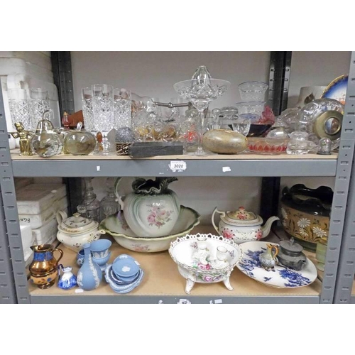 3020 - LARGE SELECTION OF GLASSWARE, EWER & BASIN SET, 2 19TH CENTURY TEA POTS, DOULTON & WEDGWOOD, ETC OVE... 