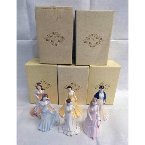 3027 - 6 SMALL COALPORT PORCELAIN FIGURES AND BOXES OVER ONE SHELF