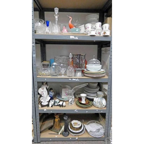 3036 - VARIOUS PORCELAIN TEAWARE, GLASSWARE, ETC OVER 4 SHELVES