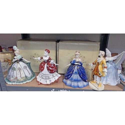 3045 - 2 PORCELAIN COALPORT FIGURES, & 3 OTHER COALPORT FIGURES & BOXES OVER 1 SHELF