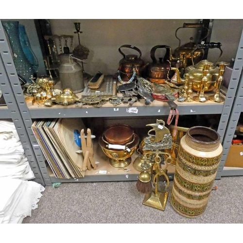 3048 - LARGE SELECTION OF BRASSWARE, COPPER KETTLES, PORCELAIN, SILVER PLATE, STONEWARE ETC OVER 3 SHELVES