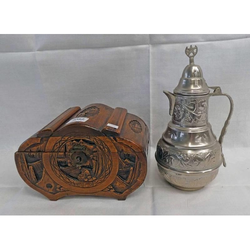 3052 - CARVED ORIENTAL WOODEN BOX AND METAL LIDDED POT