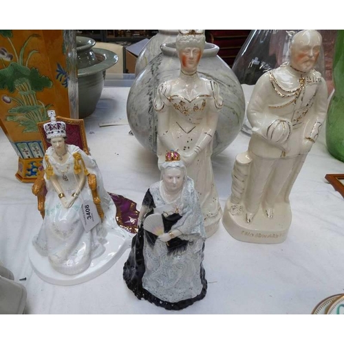 3408 - ROYAL DOULTON DIAMOND JUBILEE FIGURES OF THE QUEEN AND COALPORT FIGURE OF QUEEN VICTORIA AND STAFFOR... 