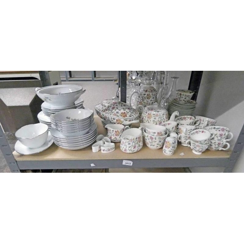 3415 - MINTON HADDON HALL PORCELAIN TEA AND DINNERWARE AND R & C PORCELAIN DINNER SET ON ONE SHELF