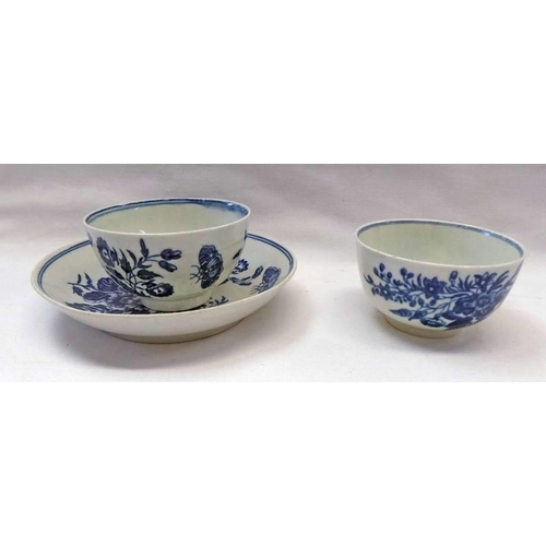 3492 - LATE 18TH CENTURY CAUGHLEY WARE BLUE AND WHITE TEA BOWLS AND SAUCER WITH SIMILAR TEABOWL, BOTH WITH ... 