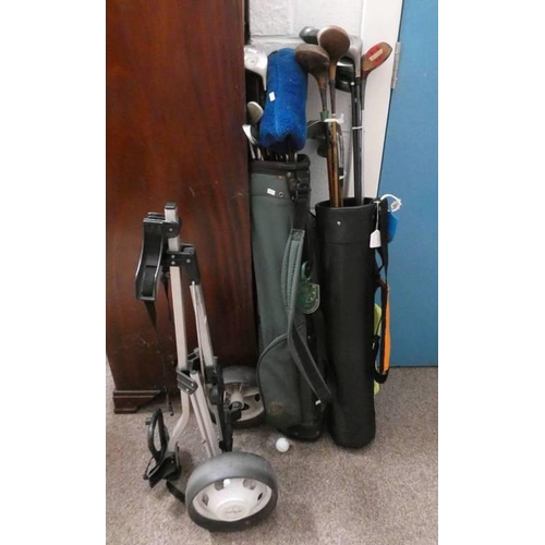 45F - HIPPO GOLF BAG AND CONTENTS OF VARIOUS GOLF CLUBS AND ONE OTHER AND GOLF CADDY