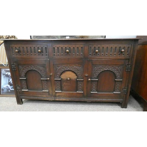 46 - 19TH CENTURY OAK DRESSER OF 3 DRAWERS OVER 3 PANEL DOORS WITH DECORATIVE CARVING ON SQUARE SUPPORTS,... 