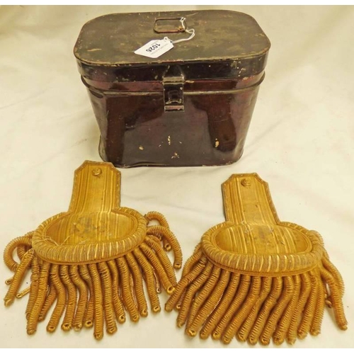 1026 - PAIR OF GOLD BULLION NAVAL EPAULETTES IN A JAPANNED TIN