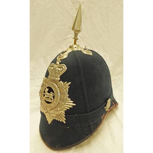 1030 - HAMPSHIRE 1ST VOLUNTEER BATTALION HAT, CLOTH EXTERIOR, CAP BADGE TO FRONT, SPIKE TO TOP (AF), INTERI... 